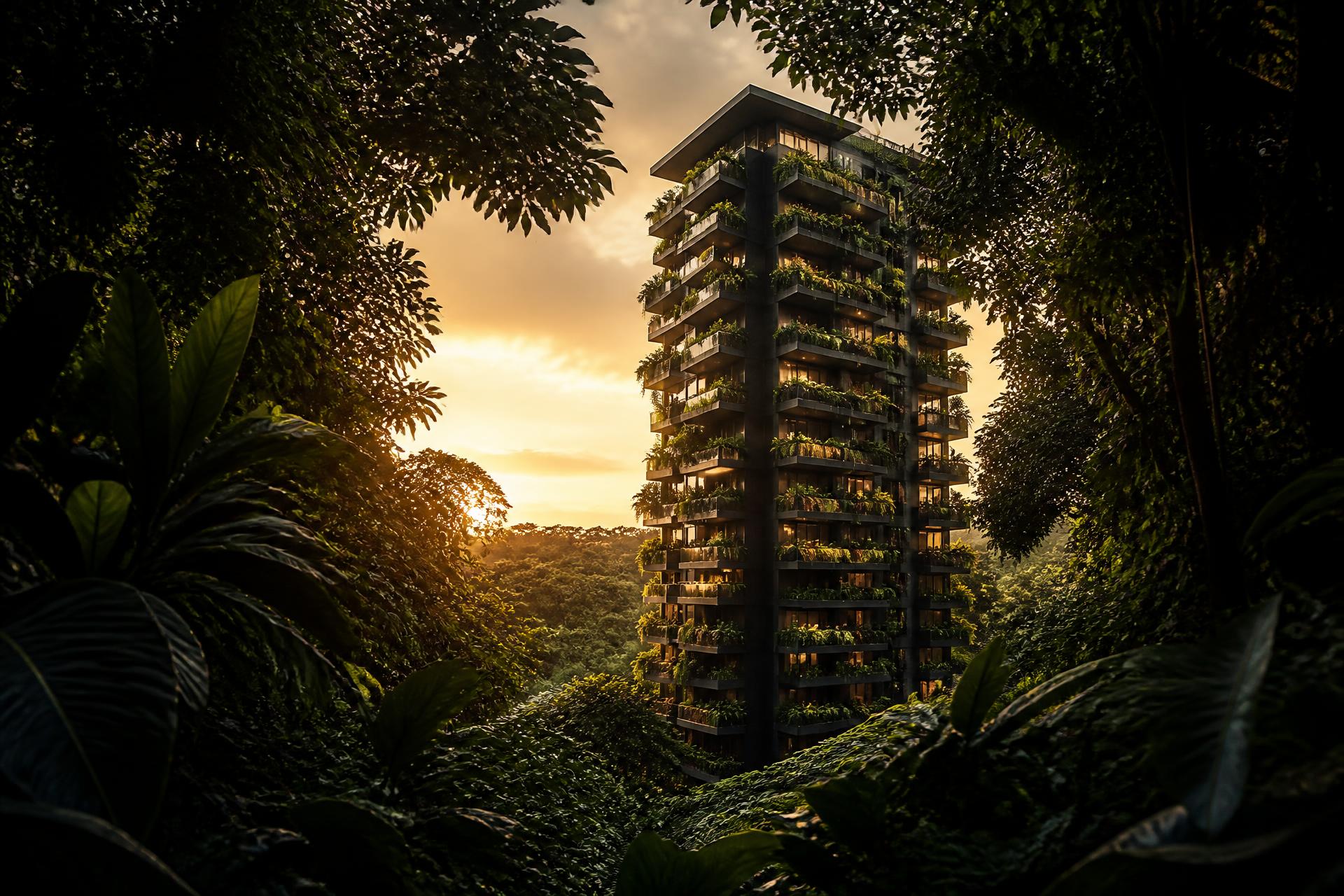 Torre do Parque Flora com jardins verticais emoldurada pela mata
