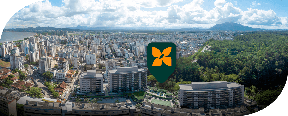 Implantação do Parque Flora com áreas verdes e torres