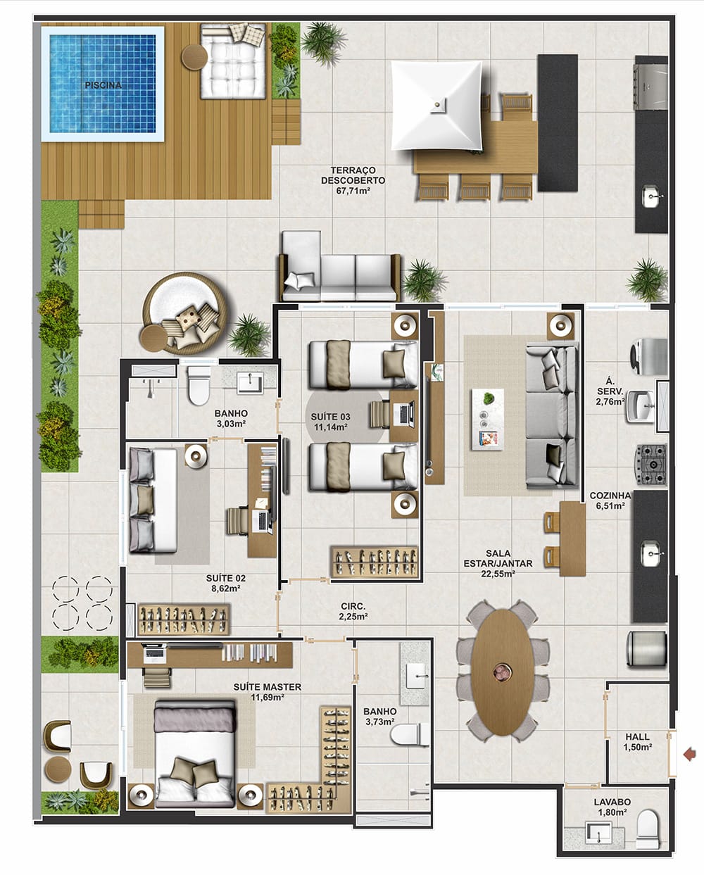 Planta Garden 3 suítes — Torre Azaleia · Coluna 5